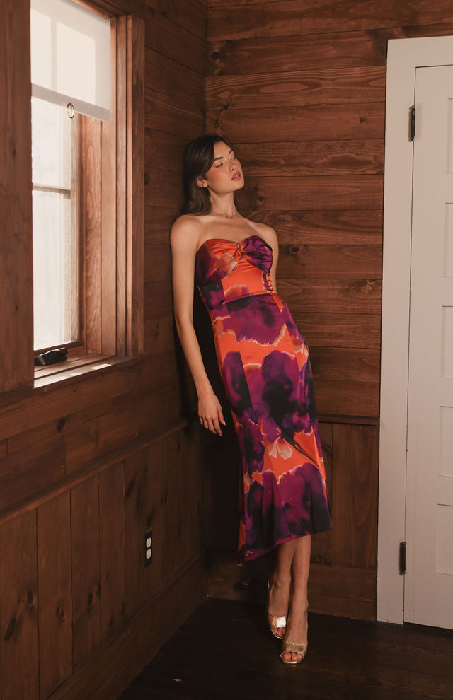 Bristol Strapless Midi Dress in Rust Ink Blot Floral