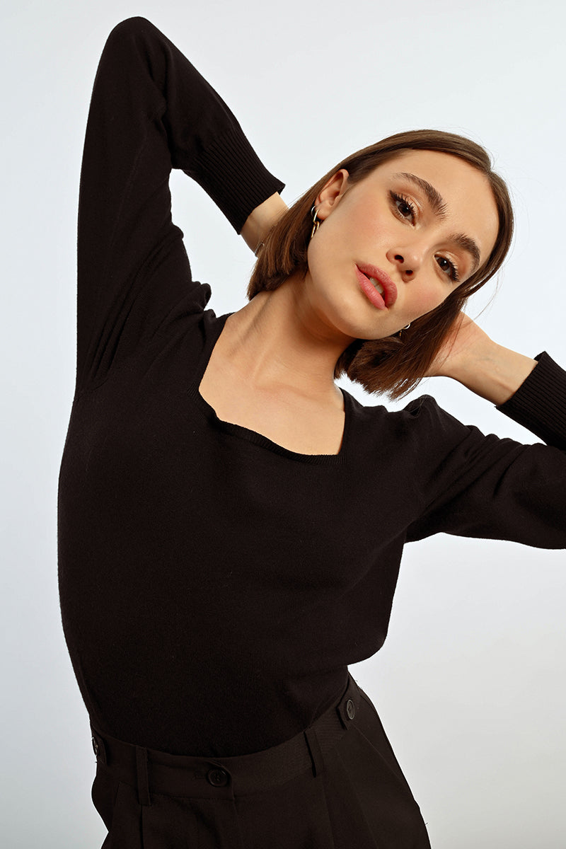 Square Neck Knit Sweater in Black