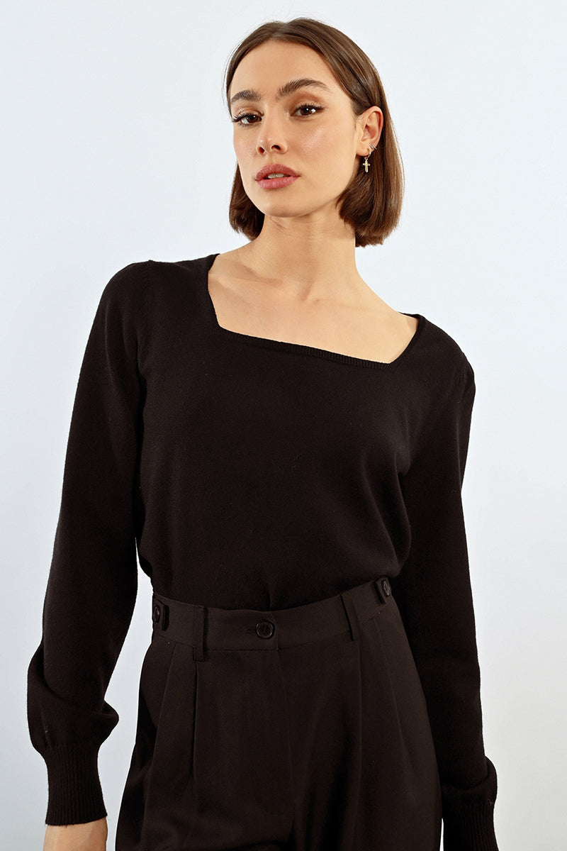 Square Neck Knit Sweater in Black