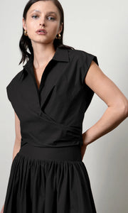 Eloise Wrap Front Extended Shoulder Poplin Top in Black