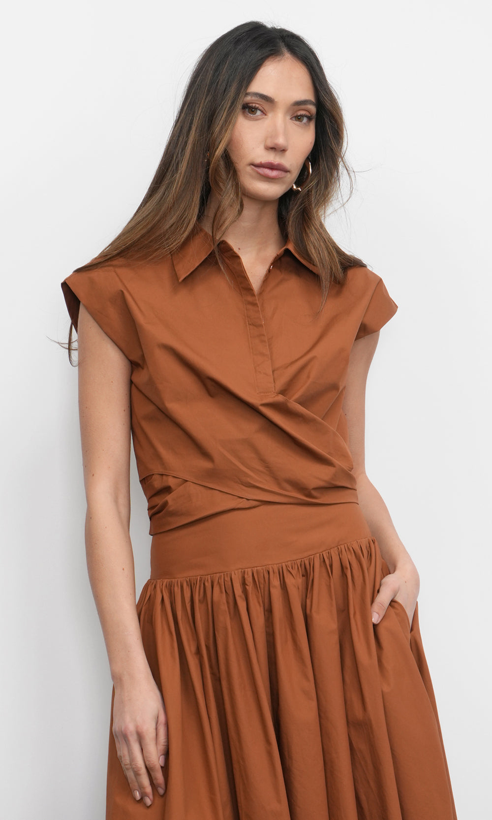 Eloise Wrap Front Extended Shoulder Poplin Top in Camel