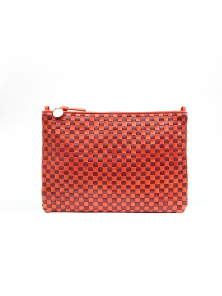 Flat Clutch Woven Checker Bag with Bright Poppy/Bordeaux