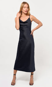 Linda Satin Cowl Neck Slip Maxi Dress in Navy