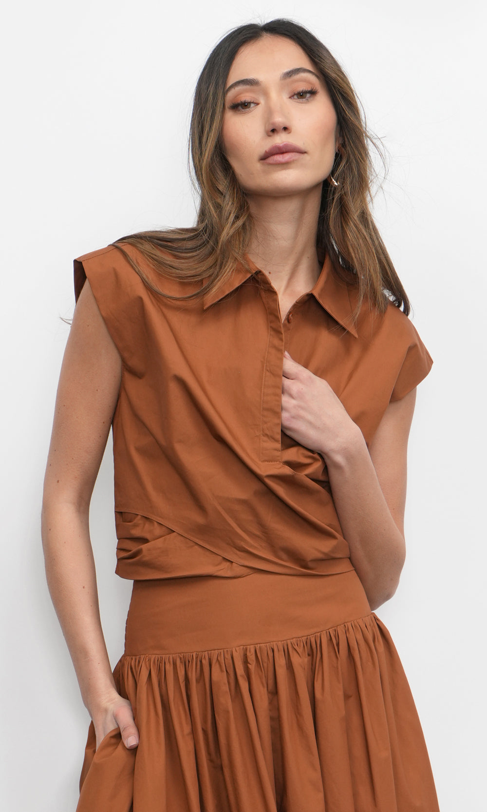 Eloise Wrap Front Extended Shoulder Poplin Top in Camel