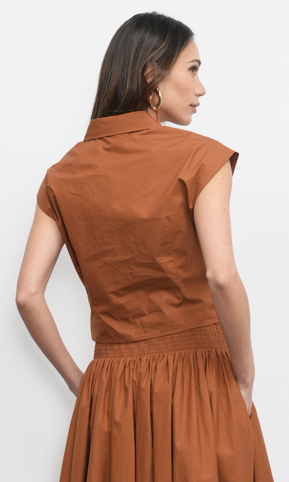 Eloise Wrap Front Extended Shoulder Poplin Top in Camel