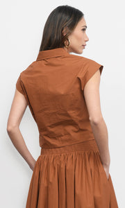 Eloise Wrap Front Extended Shoulder Poplin Top in Camel