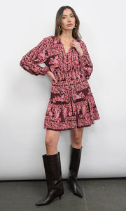 Ringo Long Sleeve Smocked Mini Dress in Maroon