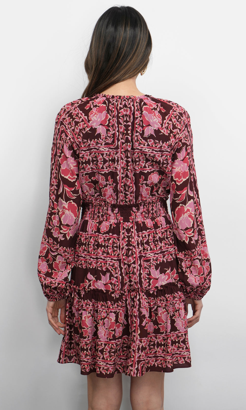 Ringo Long Sleeve Smocked Mini Dress in Maroon