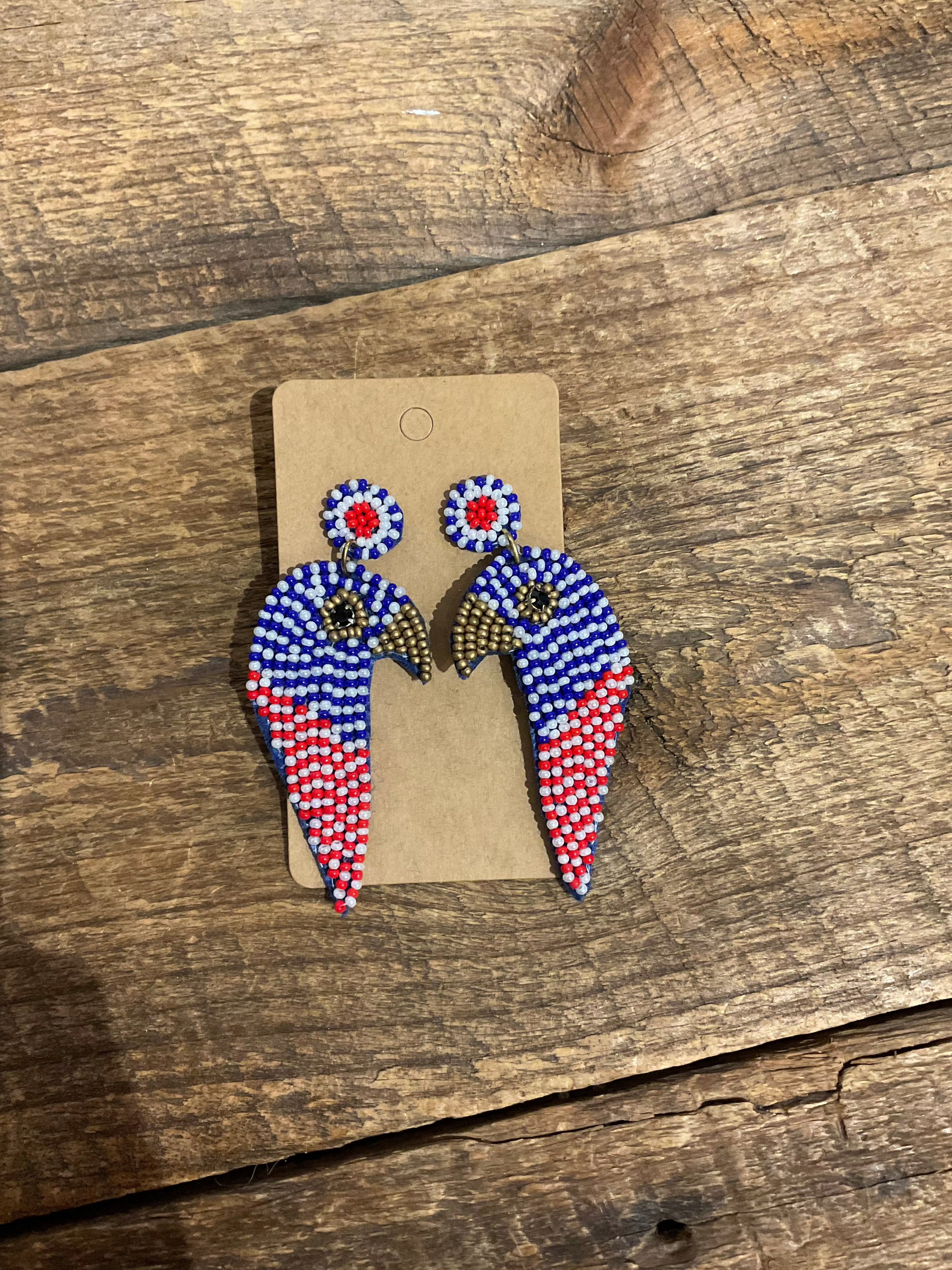 Beaded Bird Earring in Blue/Red