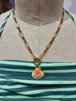 Load image into Gallery viewer, Scallop Seashell Charm on Gold Trombone Chain w/ Attached Carabiner
