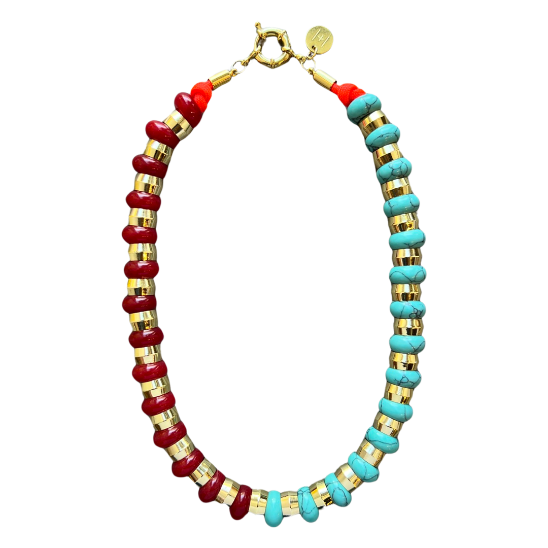 Semi-Precious Necklace in Red Onyx and Turquoise