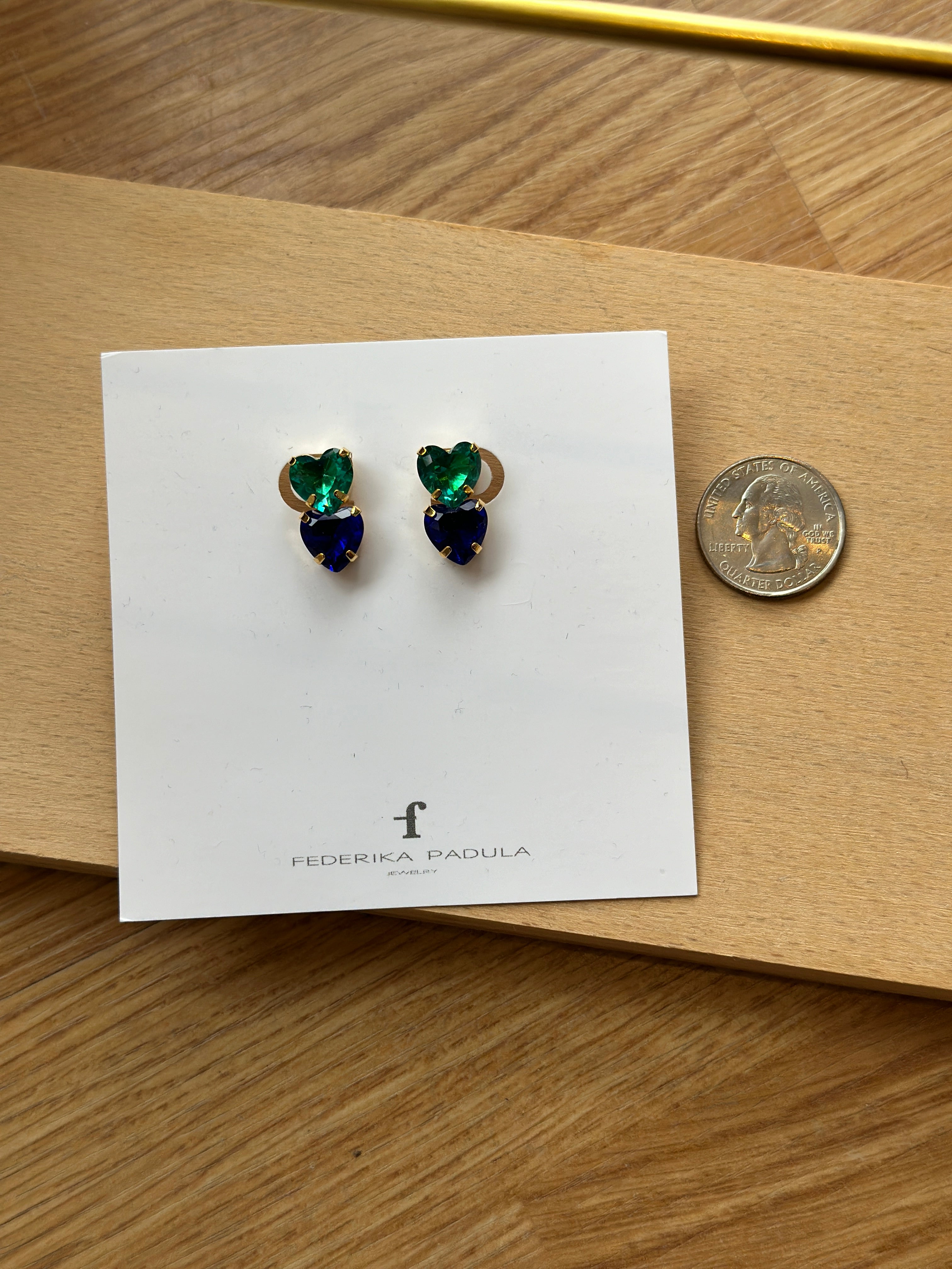 Double Heart Studs in Emerald/Navy