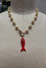 Load image into Gallery viewer, Fish on a Hook Necklace in Champagne w/ Red Fish
