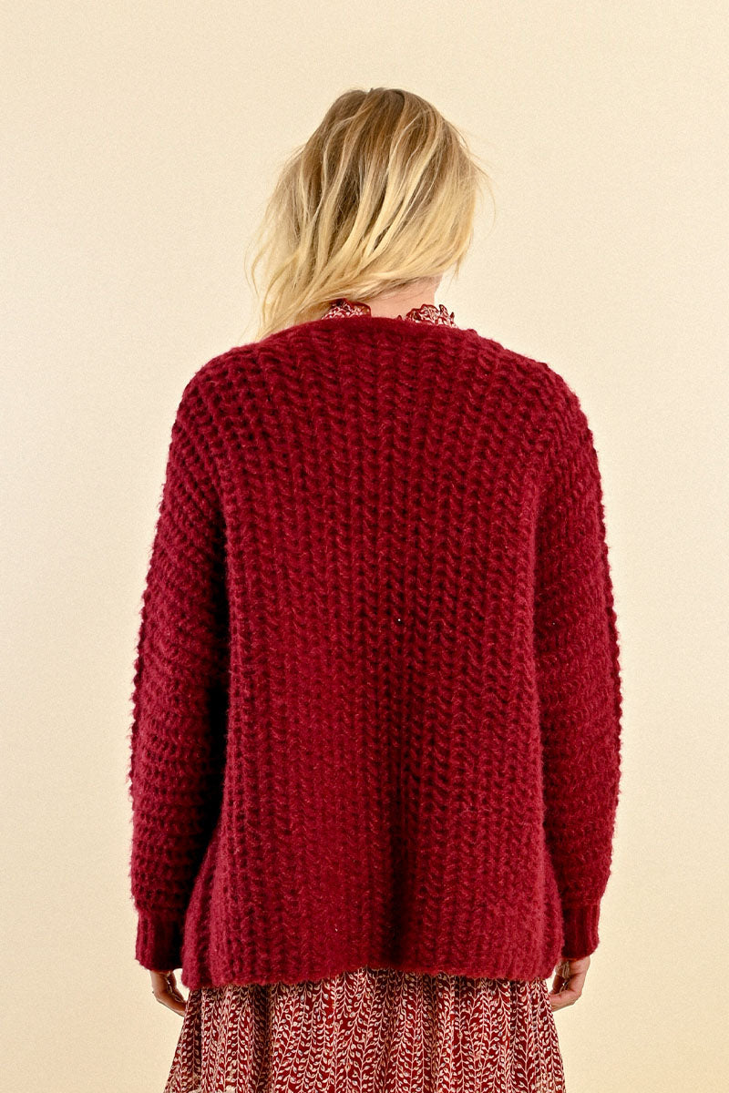 Chunky Knit Cardigan in Burgundy