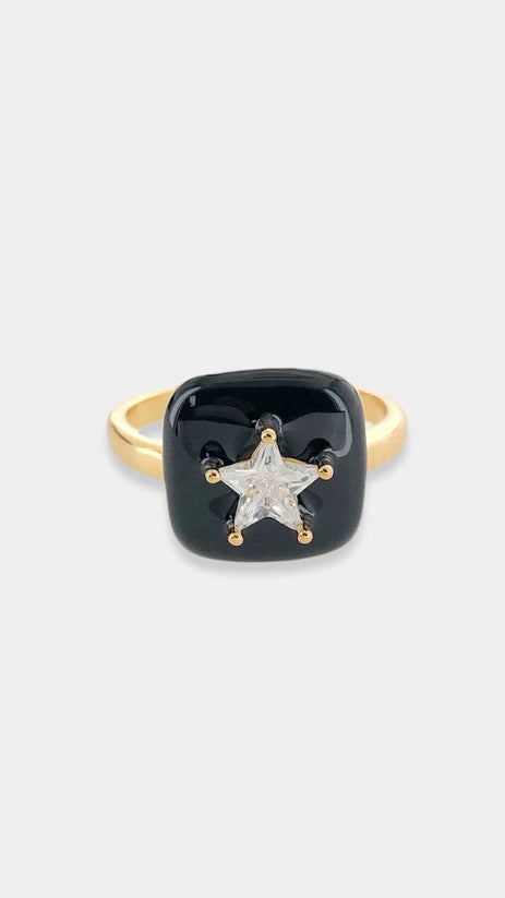 Gold Plated Black Enamel CZ Star Ring