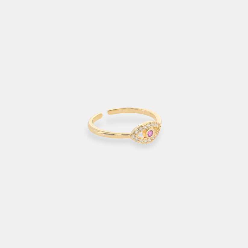 Gold Plated CZ Evil Eye Ring in Hot Pink