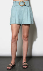 Load image into Gallery viewer, Lily Belted Linen Blend Shorts in Denim Blue
