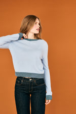 Load image into Gallery viewer, Lurex Trim Crew Cashmere Sweater in Arctic Blue/Multi
