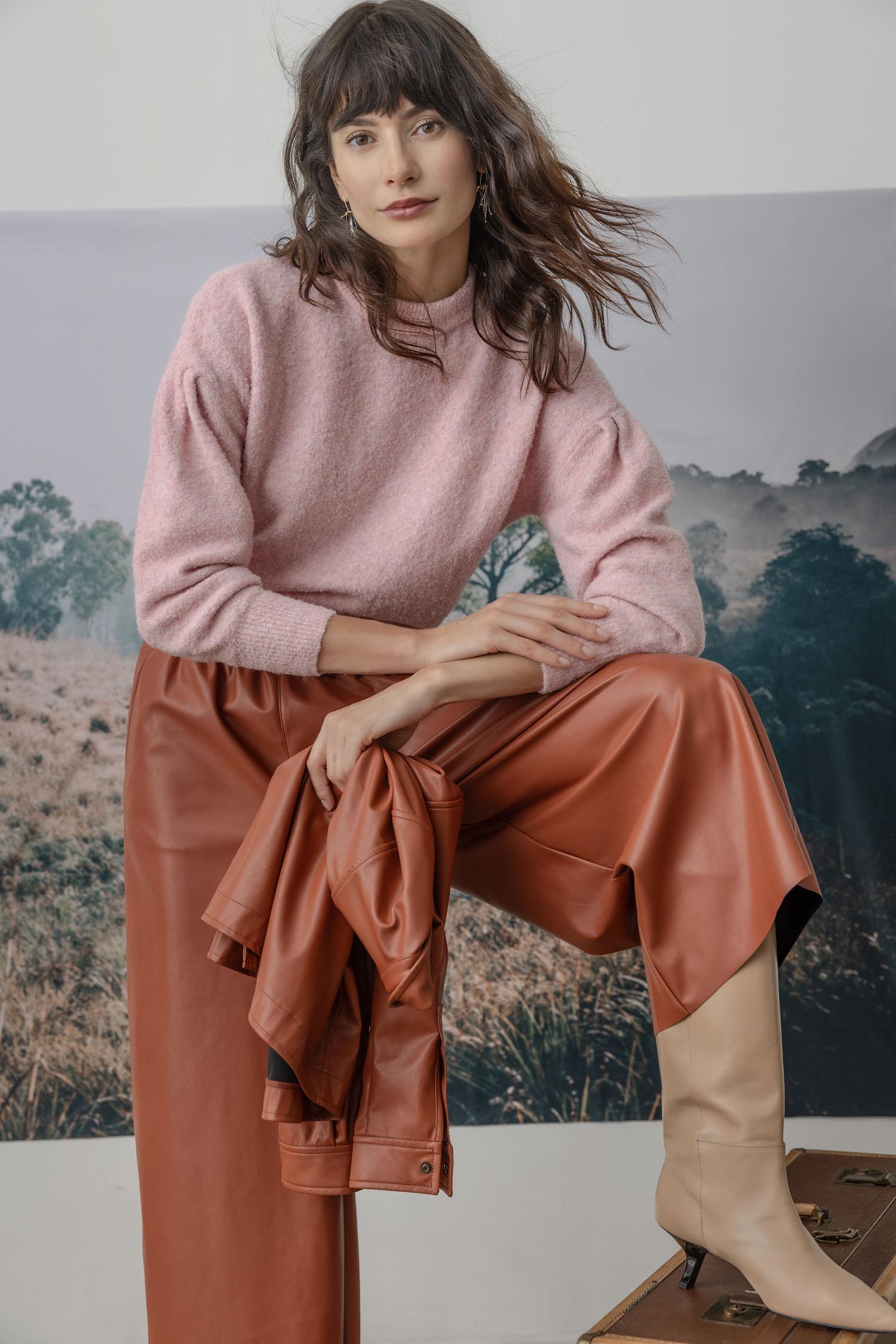 Pleated Sleeve Crewneck Sweater in Peony