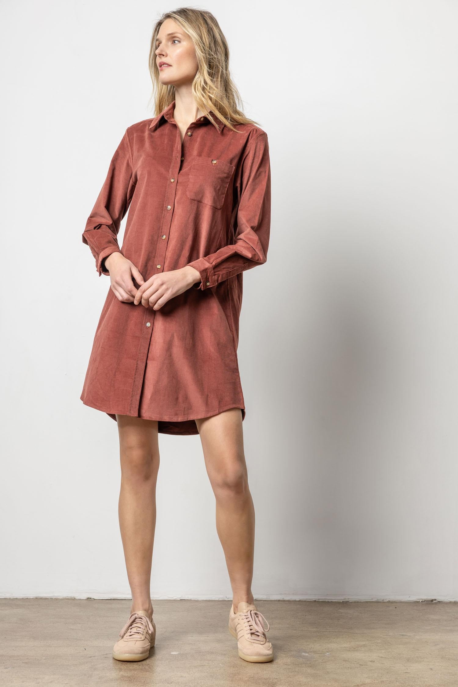 Corduroy Shirt Dress in Brandy