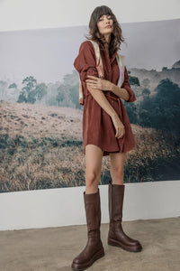 Corduroy Shirt Dress in Brandy