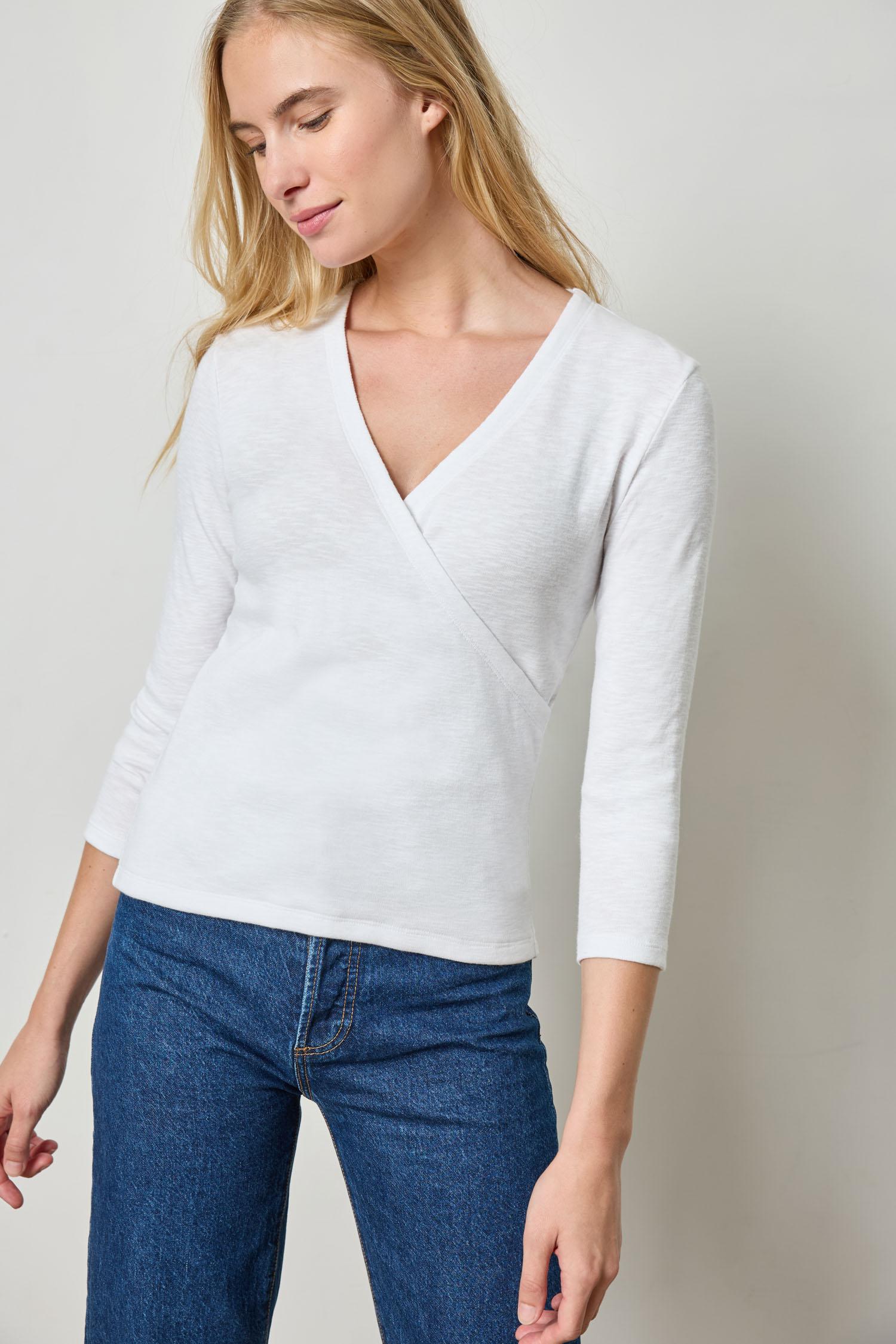 3/4 Sleeve Surplice Top in White