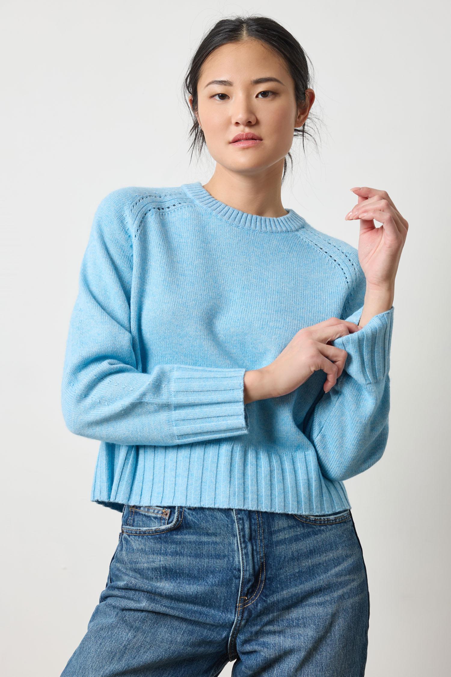 Saddle Sleeve Crewneck Sweater in Mystic Blue