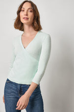 Load image into Gallery viewer, Ribbed Slub 3/4 Sleeve Surplice Top in Pool
