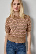 Load image into Gallery viewer, Short Sleeve Multistitch Pullover Sweater in Hazelnut Stripe
