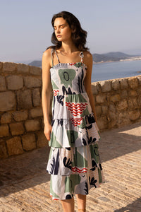 Smocked Tie Strap Midi Dress in Riviera Sage