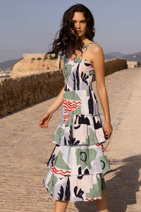 Smocked Tie Strap Midi Dress in Riviera Sage
