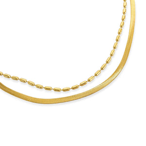 Gold Plated Double Layer Herringbone & Beaded Necklace