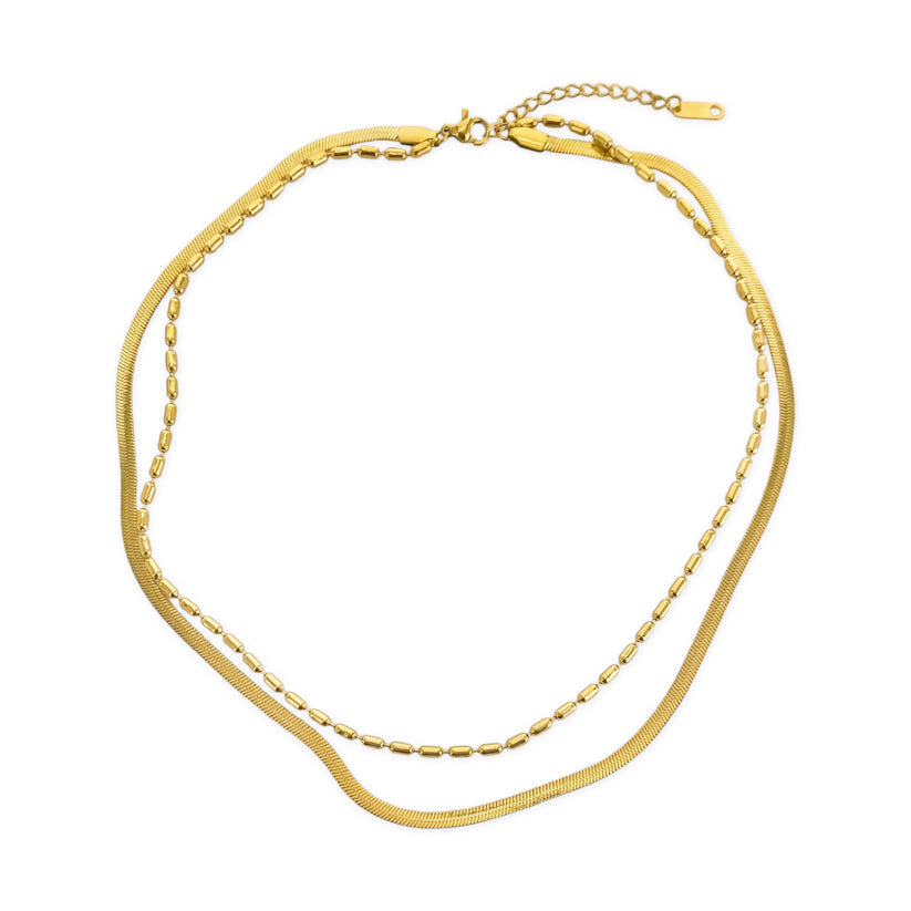 Gold Plated Double Layer Herringbone & Beaded Necklace