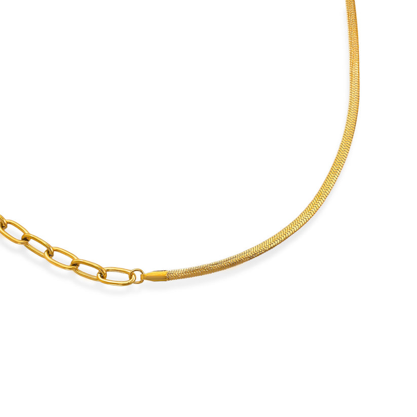 Half Paperclip Half Herringbone Necklace in Gold