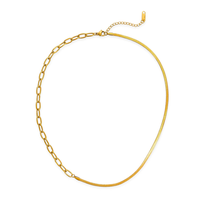 Half Paperclip Half Herringbone Necklace in Gold