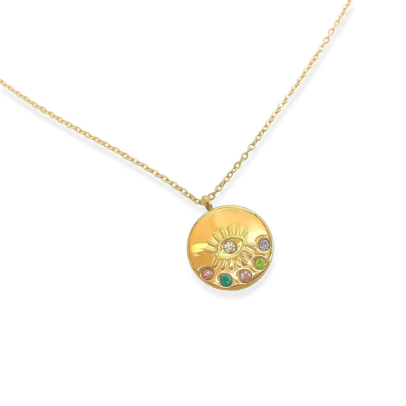 Multicolor CZ Eye Medallion Necklace in Gold