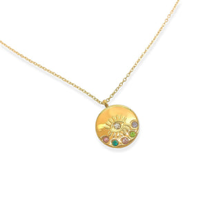 Multicolor CZ Eye Medallion Necklace in Gold