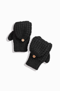 Waffle Knit Flip Mittens in Black