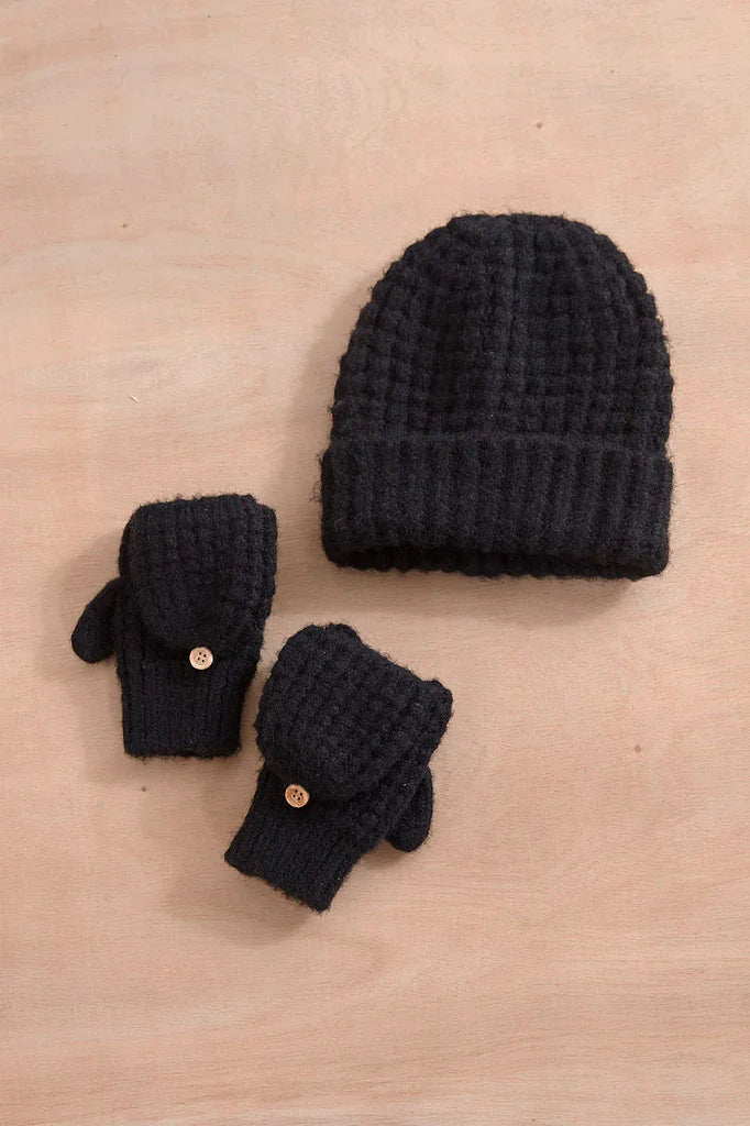 Waffle Knit Flip Mittens in Black