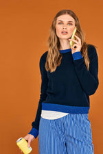 Load image into Gallery viewer, Lurex Trim Crew Cashmere Sweater in Navy/Bright Blue
