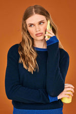 Load image into Gallery viewer, Lurex Trim Crew Cashmere Sweater in Navy/Bright Blue
