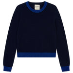 Load image into Gallery viewer, Lurex Trim Crew Cashmere Sweater in Navy/Bright Blue
