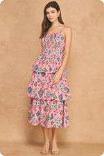Load image into Gallery viewer, Printed Pintucked Tiered Midi Dress in Pink Multi
