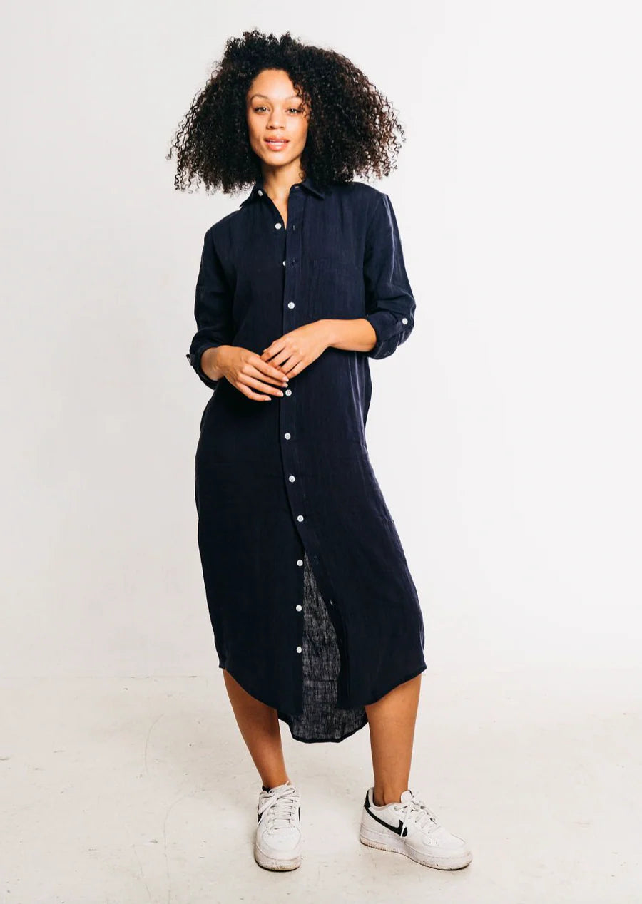 Girlfriend Midi Dress in Navy Linen