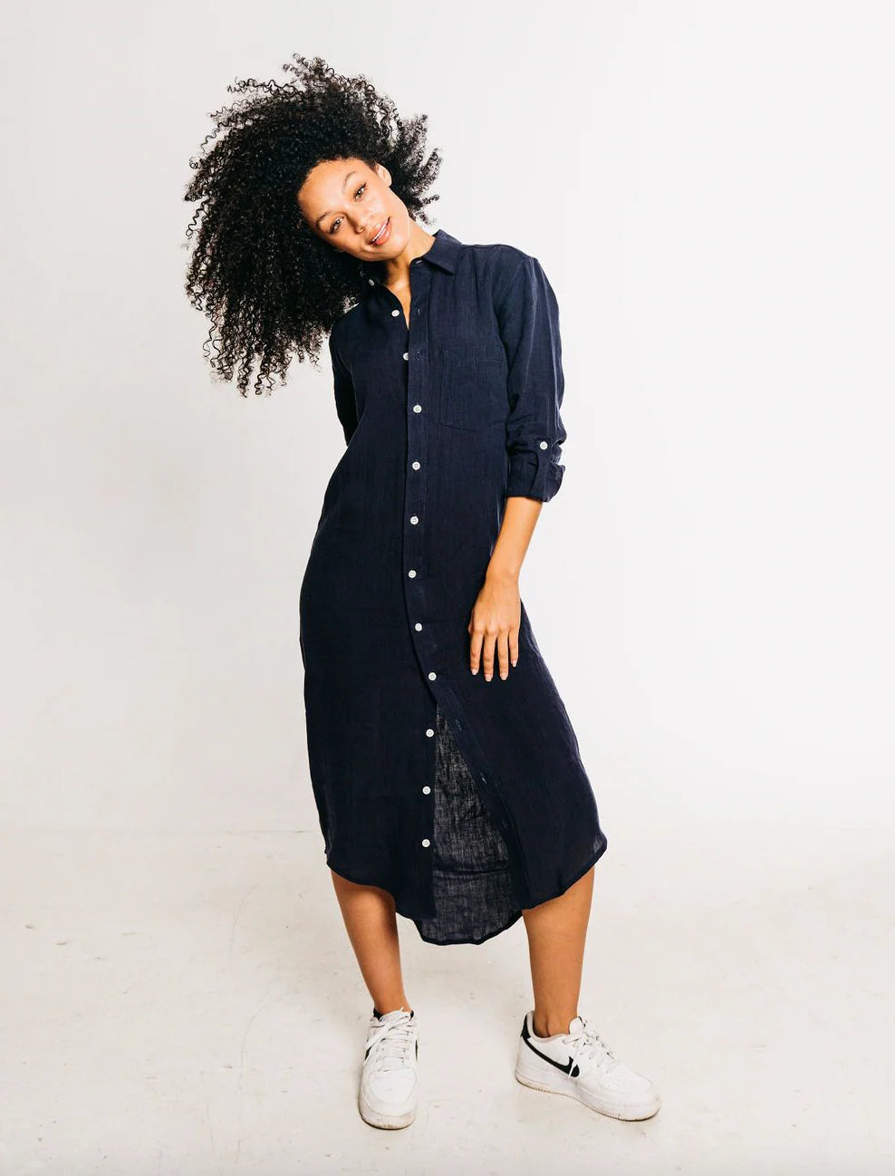 Girlfriend Midi Dress in Navy Linen