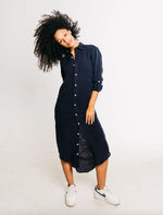 Load image into Gallery viewer, Girlfriend Midi Dress in Navy Linen
