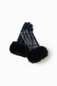 Chic Plaid Faux Fur Gloves in Navy