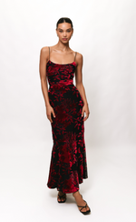 Load image into Gallery viewer, Tylia Ruched Maxi Dress in Black/Red Chinoiserie Bouquet
