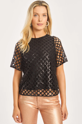 Carmen Openwork Sequin Top in Black