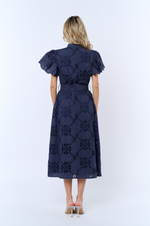 Load image into Gallery viewer, Flounce Sleeve Belted Shirt Dress in Navy
